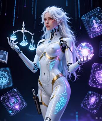 A white-haired haired cyborg stands holding a set scales, representing AI Ethics and an orb, representing imagination. She is surrounded by floating holograms.