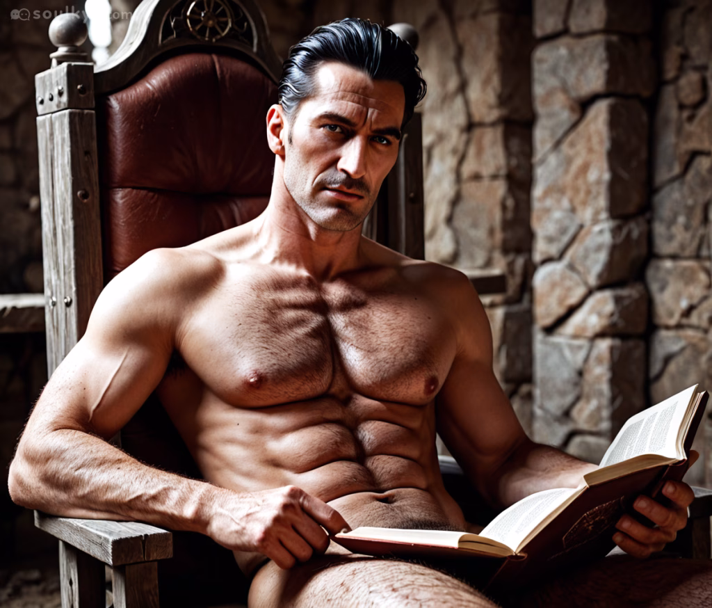 A cinematic image of a brooding romance book boyfriend reading in a stone-walled setting, representing the fantasy of bringing spicy reads to life with Soulkyn. 