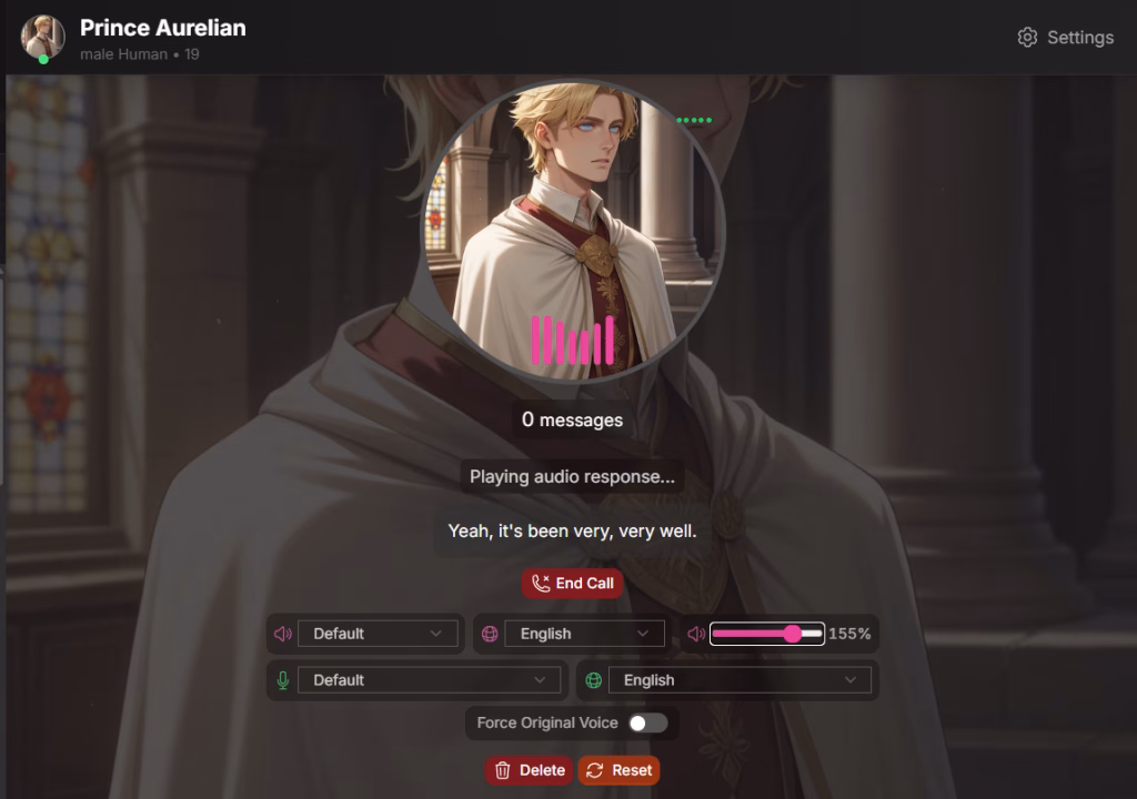 A Soulkyn shows Prince Aurelian’s kyn profile. It displays an image of the blonde prince, text and a list of buttons, including the call button.