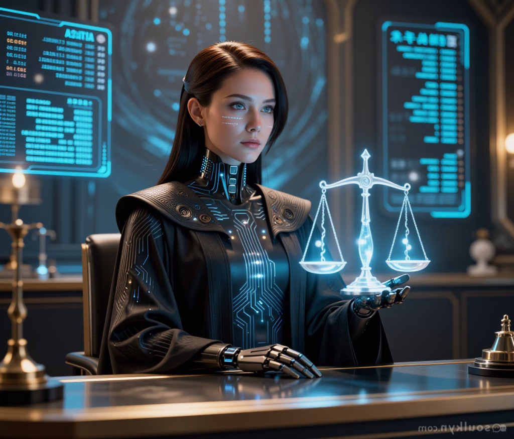 A beautiful raven-haired cyborg sits at a desk in a high-tech office. She is holding a hologram of a set scales, representing AI Ethics.