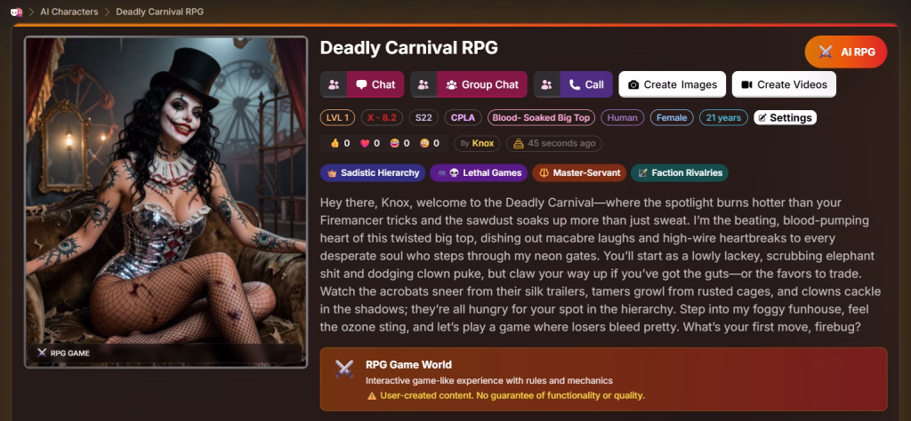 The Soulkyn interface showing two chat example text blocks with dialogue text in each block.