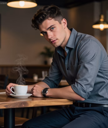 A handsome man sitting alone in a warm, dimly lit cafe, looking directly at the viewer with a pining, soulful expression while steam rises from his coffee.