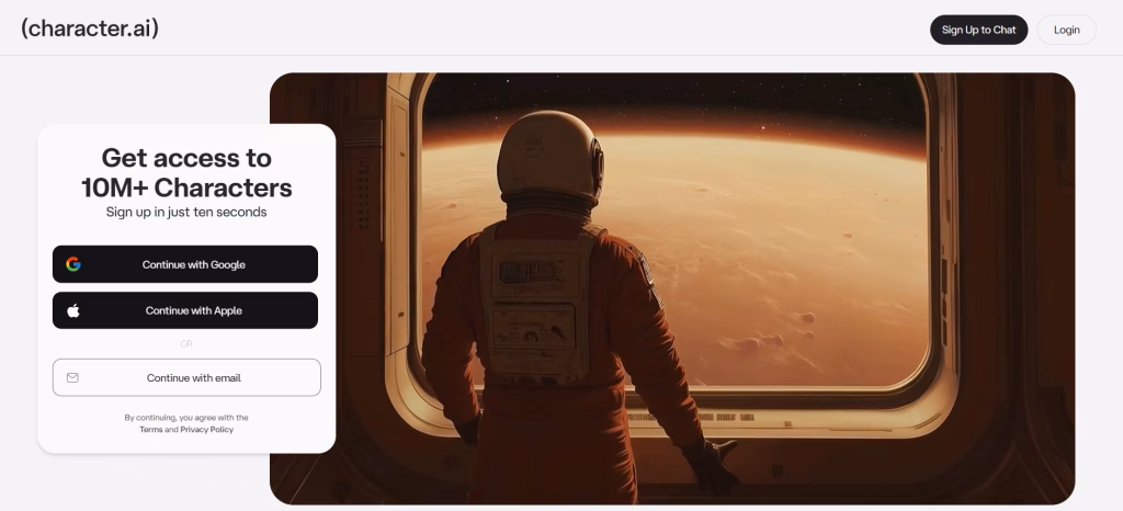 A screenshot of the Character AI landing page that displays an image of an astronaut standing by a window in a spaceship. He is looking out over an orange planet.