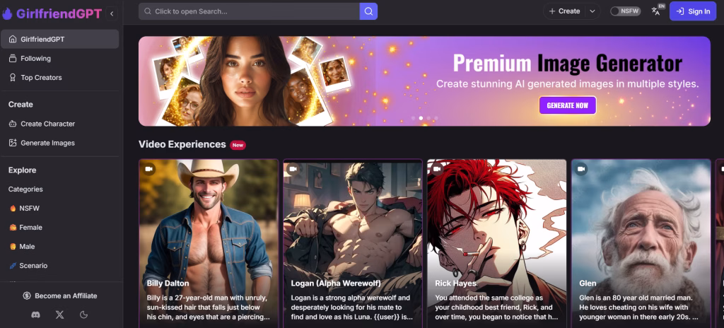 A screenshot of the GirlfriendGPT landing page that shows a selection of profiles for realistic and anime male companions. To the left of the profiles, there is a navigation menu.