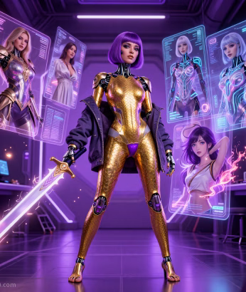 An AI companion holding a sword, surrounded by AI companions floating on holographic screens. The AI companions are represented in different styles (a warrior, a maiden and sporty anime girl) representing customization.