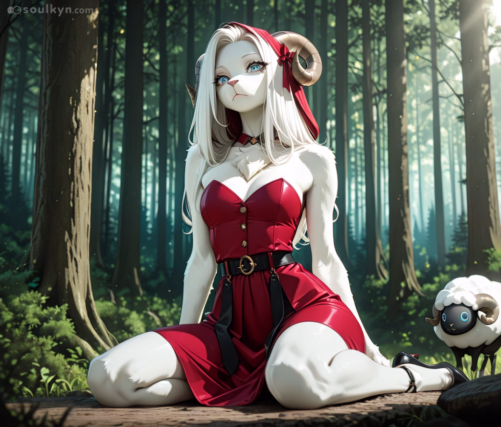 An image of a pretty human/ram furry girl wearing a red hood and dress. She is kneeling in a forest beside her pet sheep.