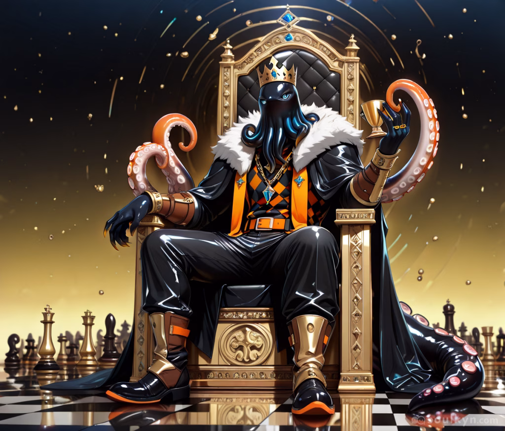An image of a large man with the head of an octopus sitting on a gold and black throne on a giant chess board.