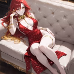 A red haired female anime AI character with golden eyes lays back on a cream couch in a seductive position She is wearing an ornate gold necklace and a halter neck red polka dot dress.