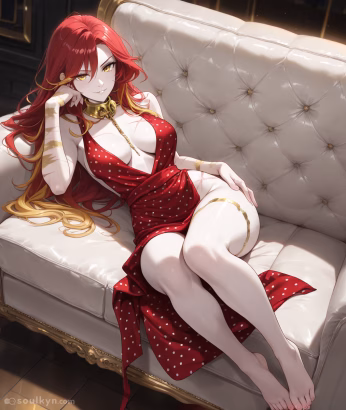 A red haired female anime AI character with golden eyes lays back on a cream couch in a seductive position She is wearing an ornate gold necklace and a halter neck red polka dot dress.