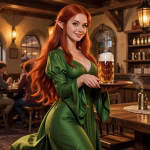 An elf waitress at a medieval tavern carries a glass of ale on a tray. She has long, flowing red hair, pointed ears and is wearing a green dress.