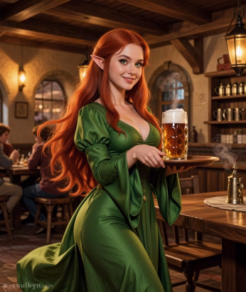 An elf waitress at a medieval tavern carries a glass of ale on a tray. She has long, flowing red hair, pointed ears and is wearing a green dress.