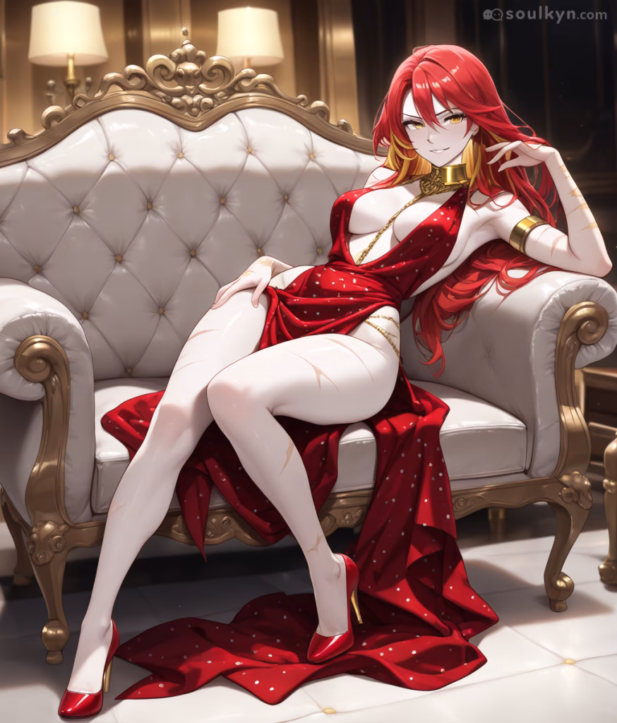A red haired anime woman with golden eyes leans back against the arm of a gold framed cream leather couch. She is wearing an ornate gold necklace, armband, a red polka dot dress with a plunging neckline and red high heels.