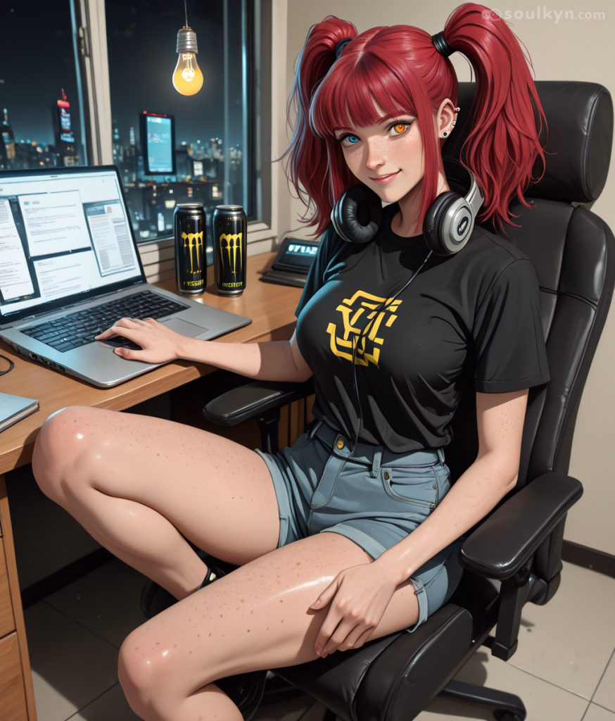 A hyper-realistic anime image of a young woman with red in two pigtails. She has one red eye and one blue eye. She is sitting on gaming chair, wearing headphones and typing on a laptop.