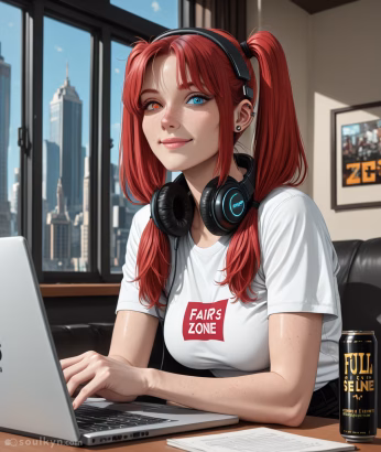 A hyper-realistic anime image of a young woman with red in two pigtails. She has one red eye and one blue eye. She is wearing headphones, and typing on a laptop.