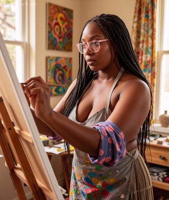 A beautiful black woman stands before a canvas, holding a paint brush in an art studio. She is wearing a paint splattered apron, a skirt and a headband around her elbow. She has pink-rimmed glasses and is focused on her painting.