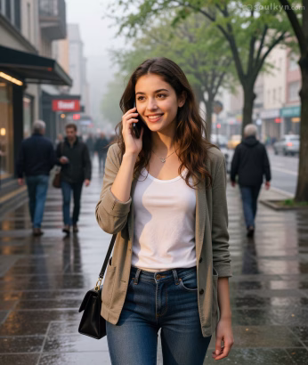 A beautiful brunette woman walking on a wet side walk while talking on her phone representing realistic AI companions.
