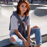 A young woman with brown hair with red streaks sits on the pavement of a skate park. She is wearing a graphic t-shirt, ripped jeans and skate shoes. She represents the AI update to Soulkyn.