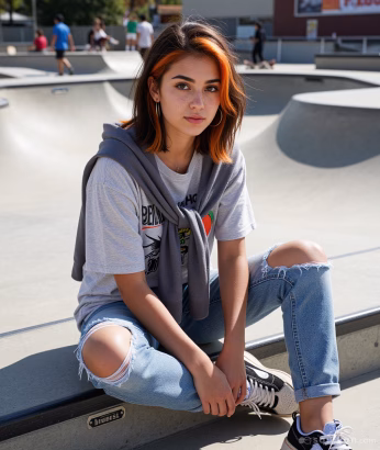 A young woman with brown hair with red streaks sits on the pavement of a skate park. She is wearing a graphic t-shirt, ripped jeans and skate shoes. She represents the AI update to Soulkyn.