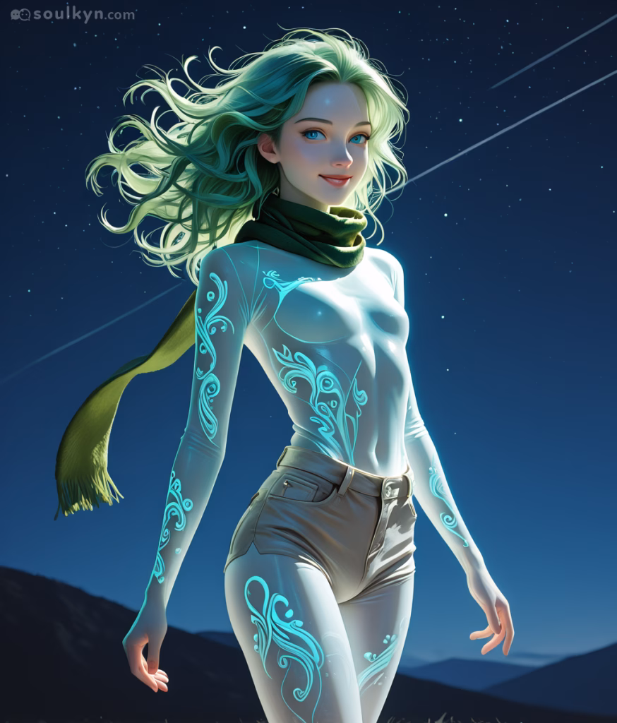 A young anime woman with blue eyes and light green hair stands against a night sky filled with stars. Her pose is angled toward the right. She has glowing teal tattoos, an olive green scarf, a sheer top and dark cream shorts. Her hair is flowing in the breeze.