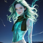 A young anime woman with blue eyes and light green hair stands against a night sky filled with stars representing Soulkyn AI. Her pose is angled toward the left. She has glowing teal tattoos, an olive green scarf, a sheer top and cream shorts.