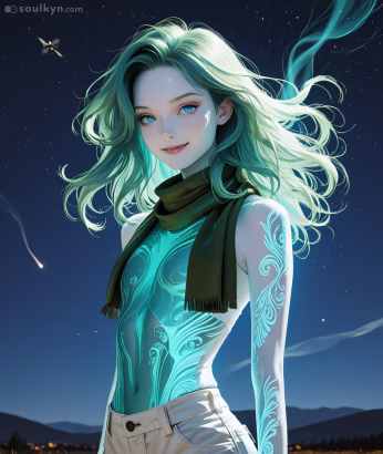 A young anime woman with blue eyes and light green hair stands against a night sky filled with stars representing Soulkyn AI. Her pose is angled toward the left. She has glowing teal tattoos, an olive green scarf, a sheer top and cream shorts.