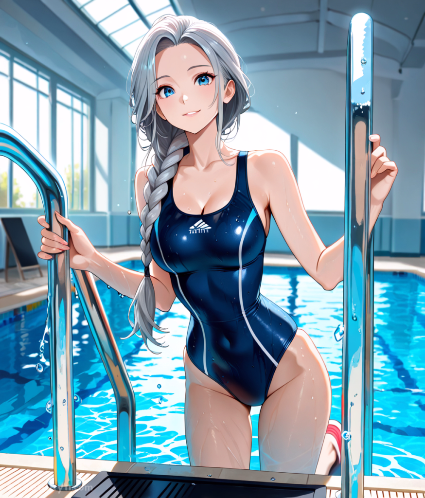 A beautiful anime woman with silver hair styled in a braid emerges from a pool. She is holding onto the railing on the steps and smiling slightly. She has bright, blue eyes and is wearing a navy one-piece swimming costume.