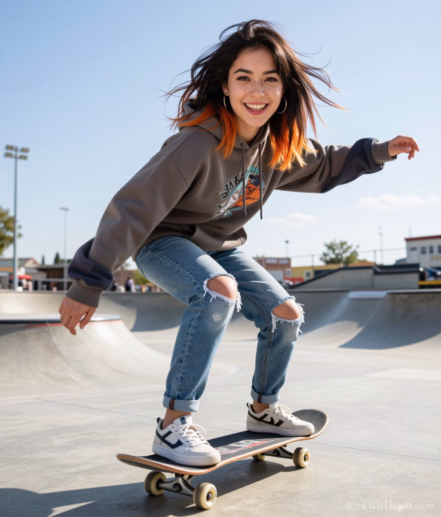 A young woman with brown hair and red streaks skates across a skatepark. She is leaning over slightly, with her knees bent with her arms outstretched for balance. She is smiling as she rides.