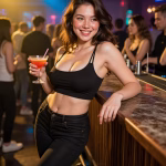 An attractive brunette with wavy hair in a black crop top leans against a bar in a busy nightclub. She is holding a cocktail and smiling.