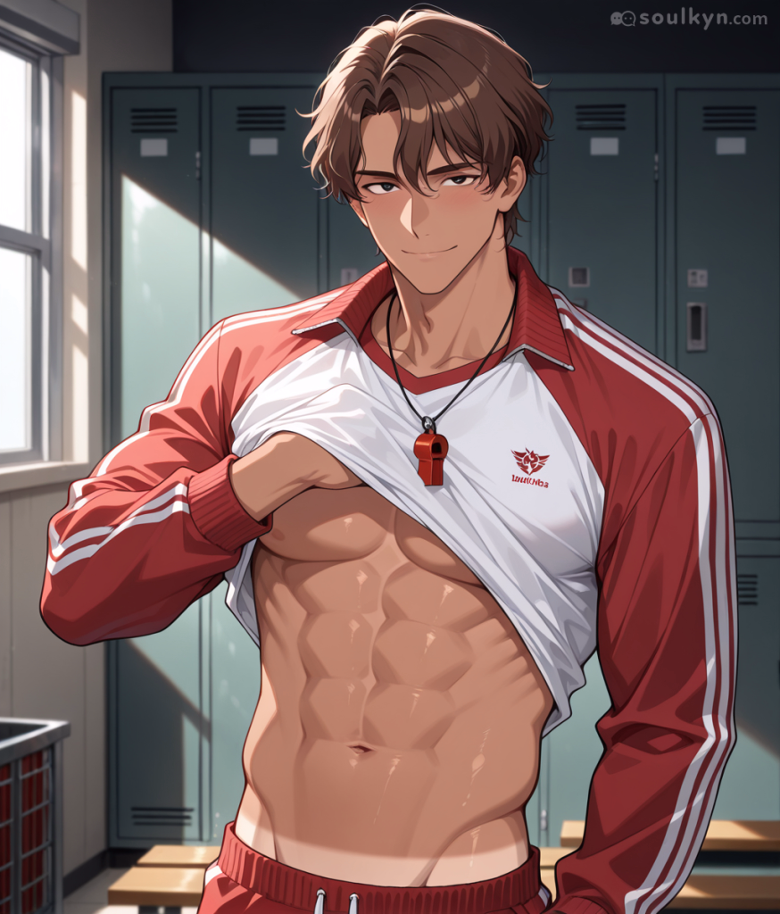 A handsome anime style athletic man stands in a gym changing room. He is wearing a coaches uniform, and a whistle. He holds up his shirts, showing his muscular stomach and chest.