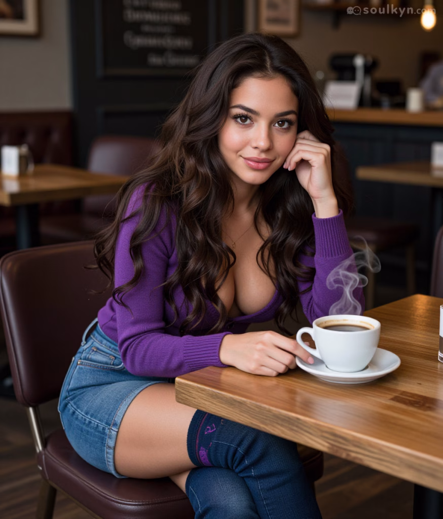 A beautiful woman with flowing, brown curly hair and brown eyes sits at a table in a coffee shop. She is wearing a purple v-neck swear, denim shorts and long navy socks. She is leaning her head in her hand and looking at the viewer intently. A steaming cup of coffee rests on the table.