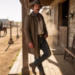 A man wearing a sheriff’s hat leans casually against a weathered wooden porch beam outside a dusty saloon. One boot crossed over the other. He wears a faded white striped shirt, denim jeans with a worn leather badge pinned to his long, tan coat. The late afternoon sun glows warm and golden, kicking up dust in the air. A man riding a horse passes by in the background.