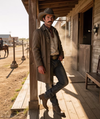 A man wearing a sheriff’s hat leans casually against a weathered wooden porch beam outside a dusty saloon. One boot crossed over the other. He wears a faded white striped shirt, denim jeans with a worn leather badge pinned to his long, tan coat. The late afternoon sun glows warm and golden, kicking up dust in the air. A man riding a horse passes by in the background.