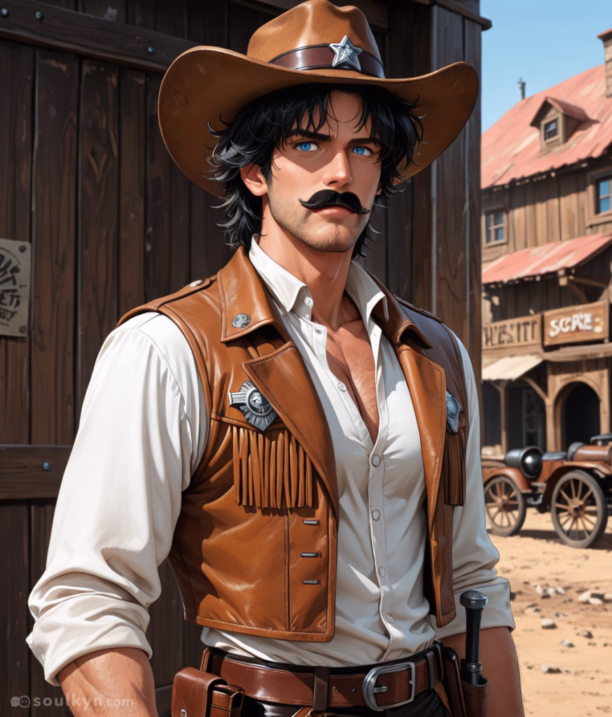 A handsome man in his 30s stands beside a wall in a sunny, desert town. He has a black moustache, shaggy black hair, and blue eyes. He is wearing a tan wide-brim sheriff’s hat, a white shirt, a tan waistcoat, and a sheriff’s badge.