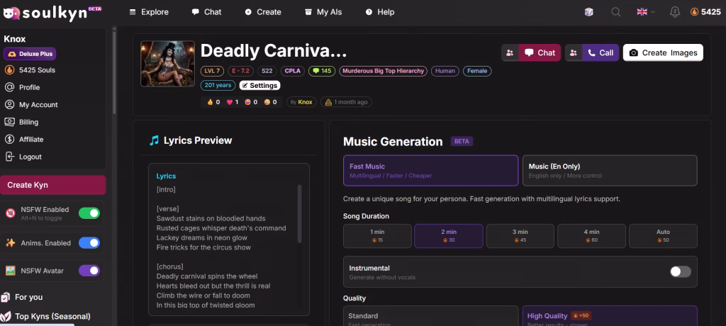 A screenshot of the Soulkyn Music AI settings, showcasing selection boxes for creations modes, song duration, instrumental and quality. A box containing preview lyrics is on the left.