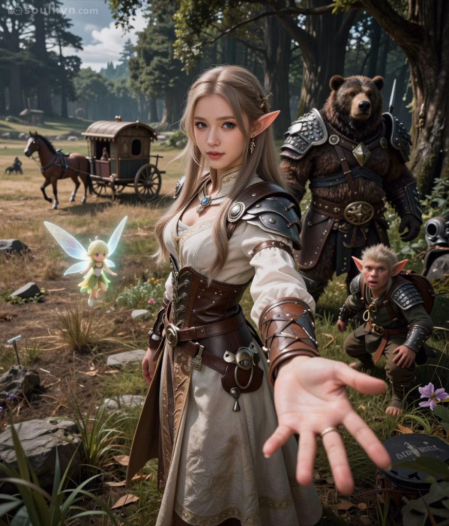 A beautiful elf maiden with long auburn hair holds her hand out to the viewer. A small fairy flies by her left side. To her right, are a bear and goblin in armour. A horse and cart are in the background. The group is standing in a forest, representing a AI group chat.