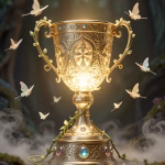 An intricate, enchanted trophy with encrusted blue and purple jewels is set against a misty background. Vines with delicate green leaves wrap around the base and handles of the trophy. Butterflies fly around it. The trophy represents winning the AI companion design contest.