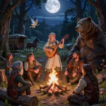 A beautiful elf maiden is standing in front of a blazing camp fire, playing the lute. It is night, and the moon and starlight shine down on her and her merry band of travellers. The elf is surrounded by a fairy, a huge bear, another elf and four humans, representing an AI group chat. The group’s horse and cart are visible in the background.