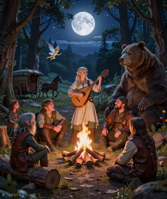 A beautiful elf maiden is standing in front of a blazing camp fire, playing the lute. It is night, and the moon and starlight shine down on her and her merry band of travellers. The elf is surrounded by a fairy, a huge bear, another elf and four humans, representing an AI group chat. The group’s horse and cart are visible in the background.