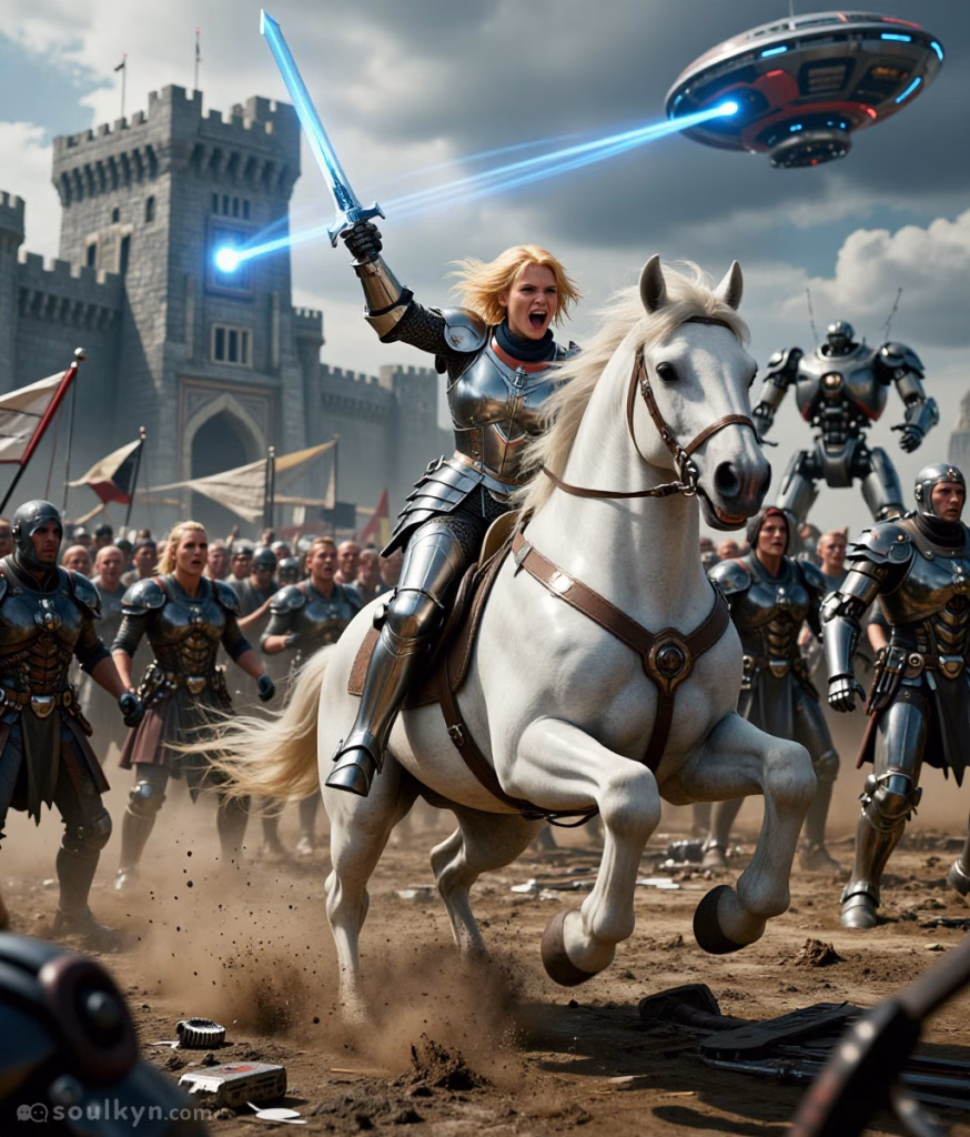 The image shows a blonde female AI companion riding on a white horse in the middle of a battlefield. She is in full silver armour and is holding a blue glowing sword as her horse rears on its back legs. Her face expresses fierce determination as she gives a battle cry. She is surrounded by an army of men and women. In the background, a silver flying saucer is floating above the battlefield and shooting a lazar beam into a grey castle. A large android standing behind the army is also visible.