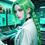 A portrait of Lia, an AI companion with a green braid working in a laboratory. She is wearing a white lab coat and is sitting at a desk. Around her desk are screens, tools and small dolls.