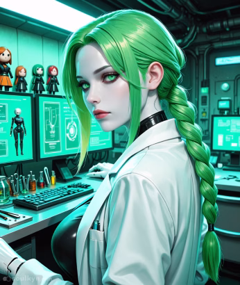 A portrait of Lia, an AI companion with a green braid working in a laboratory. She is wearing a white lab coat and is sitting at a desk. Around her desk are screens, tools and small dolls.