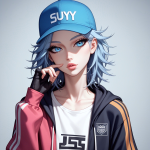 A portrait of AI companion standing against a blank background. She has silver hair that she wears underneath a blue trucker hat. She is also wearing a white t-shirt, fingerless black gloves and a black and red hoodie. She holds her left hand to her face, her fingers extended as she makes a curious expression.