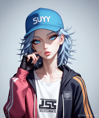 A portrait of AI companion standing against a blank background. She has silver hair that she wears underneath a blue trucker hat. She is also wearing a white t-shirt, fingerless black gloves and a black and red hoodie. She holds her left hand to her face, her fingers extended as she makes a curious expression.