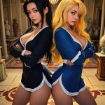 Two woman stand back to back with their arms crossed representing AI girlfriend comparison between Soulkyn and Nomi AI. The woman on the left has long black hair and a black and white body suit. The woman on the right has long blonde hair and a blue and white bodysuit. They are standing in a grand decorative hallway.