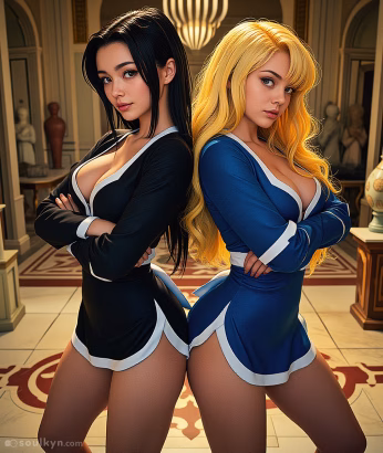 Two woman stand back to back with their arms crossed representing AI girlfriend comparison between Soulkyn and Nomi AI. The woman on the left has long black hair and a black and white body suit. The woman on the right has long blonde hair and a blue and white bodysuit. They are standing in a grand decorative hallway.