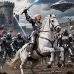 The image shows a blonde female AI companion riding on a white horse in the middle of a battlefield. She represents the spirit of AI sovereignty. The AI companion is in full silver armour and is holding a sword as her horse rears on its back legs. The AI companion is surrounded by an army of men, women and robots. In the background, a silver flying saucer is floating above the battlefield