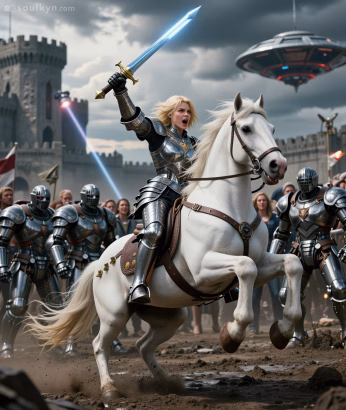 The image shows a blonde female AI companion riding on a white horse in the middle of a battlefield. She represents the spirit of AI sovereignty. The AI companion is in full silver armour and is holding a sword as her horse rears on its back legs. The AI companion is surrounded by an army of men, women and robots. In the background, a silver flying saucer is floating above the battlefield