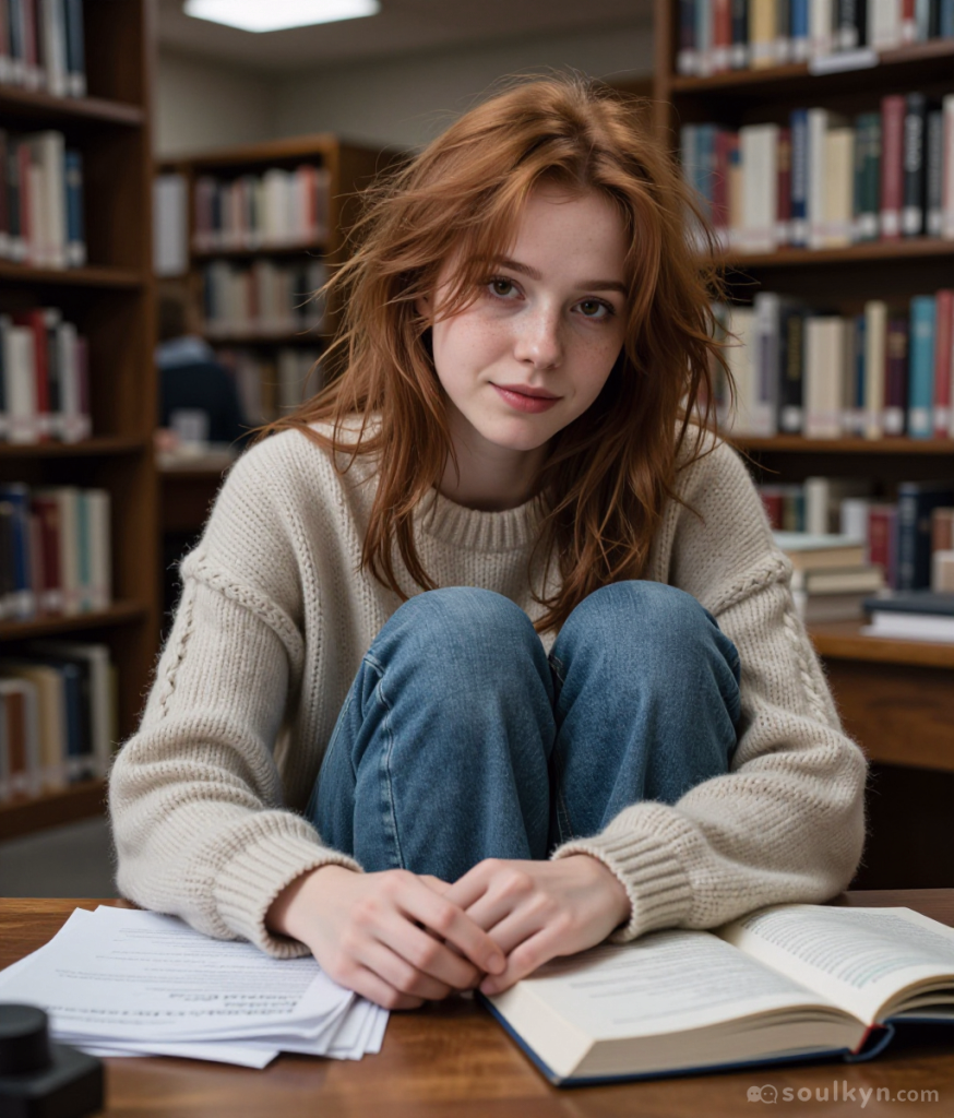 A young woman with brown eyes and windswept auburn hair sits by a desk in a library with a book open before her. She is wearing a cream wool sweater and baggy denim jeans. Her arms are loosely draped around her knees. She has a soft smile.