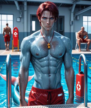 A male merman kyn with blue skin stands by some pool steps representing an AI roleplay option. He has red hair and piercing blue eyes. He is wearing a yellow whistle and red lifeguard shorts. He has a determined, focused expression.