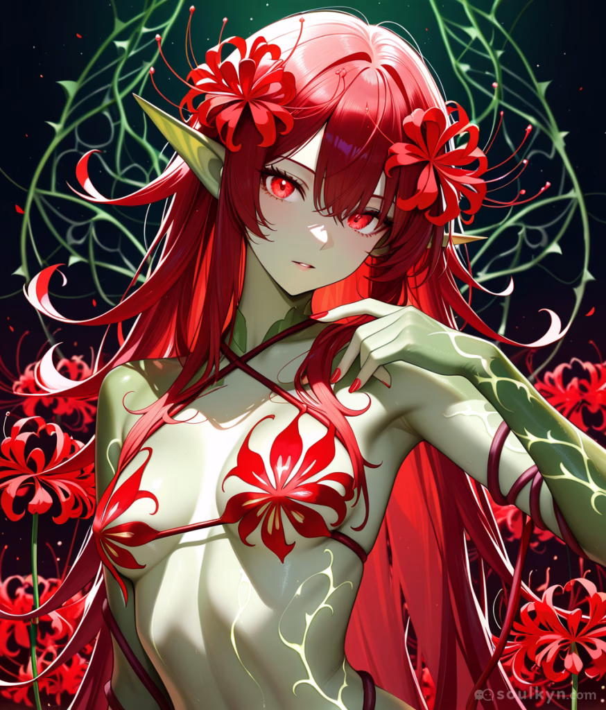 An anime woman with elf ears and green tinted skin stands with one arm raised. She has long, vivid red hair, red eyes and red nail polish. Her bra is constructed with red lilies.